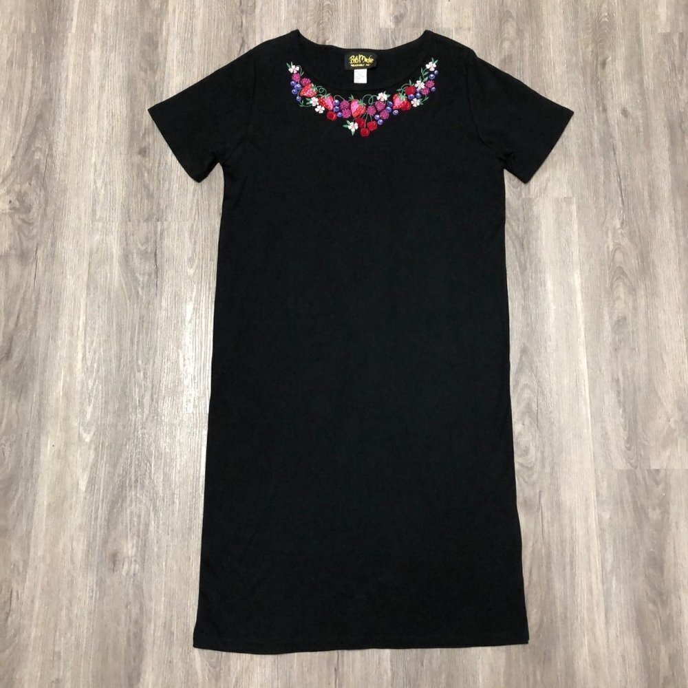 Bob Mackie Wearable Art Women's Size Large Maxi Dress Black Fruit Embroidered